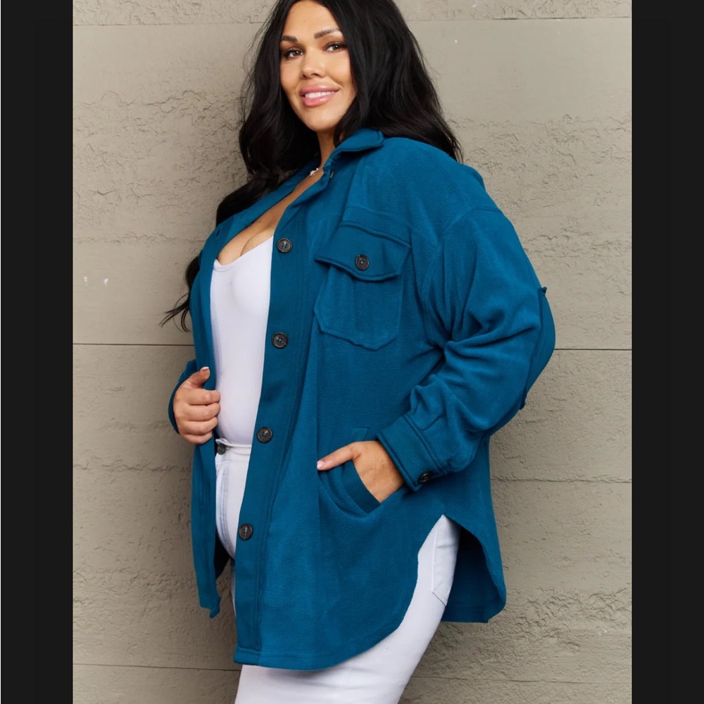 Zenana Teal Fleece Shacket Jacket NWT XL Cozy Cabin Button Front - Picture 5 of 9